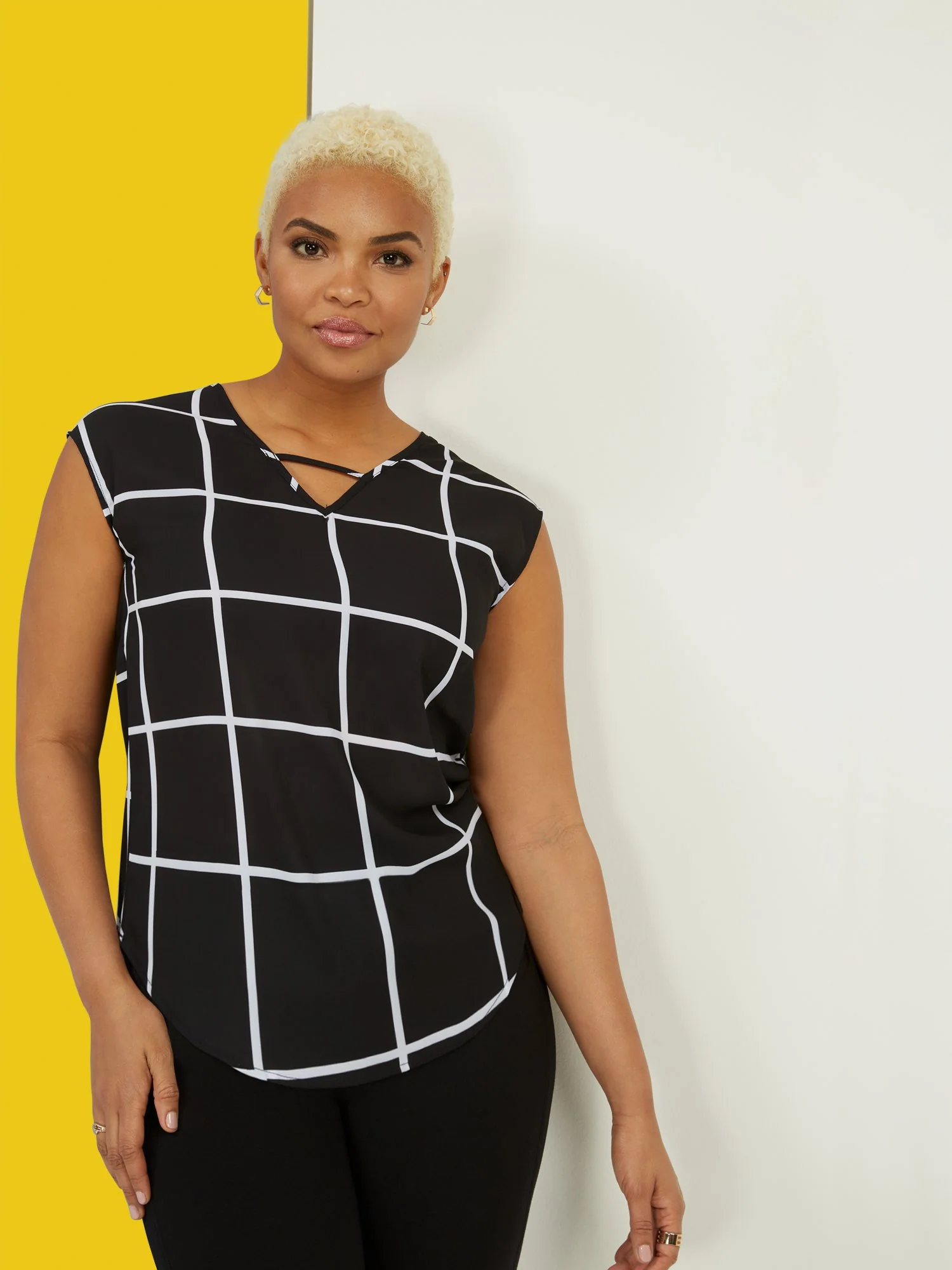 V-Neck Windowpane Blouse