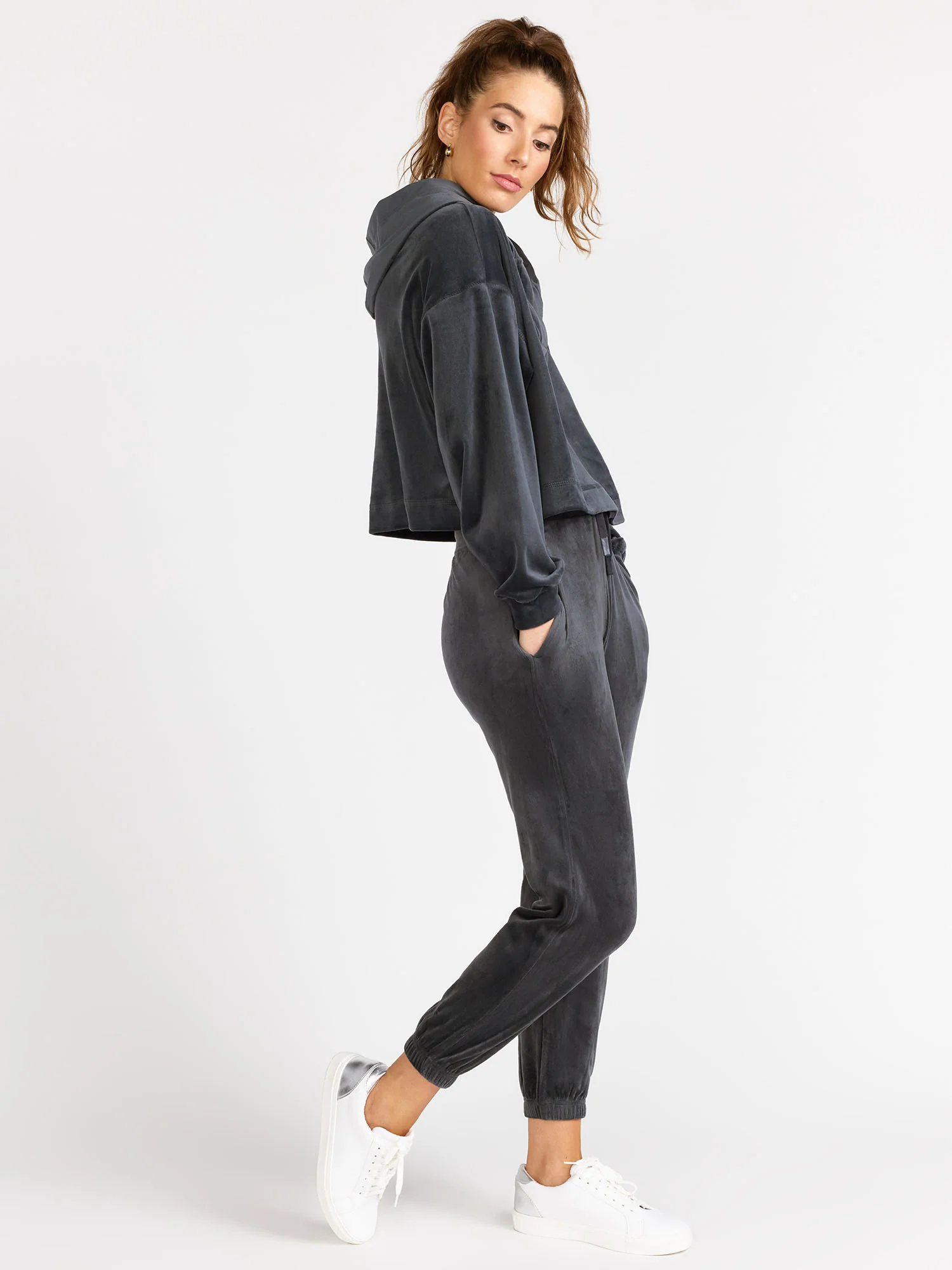 Mono B Velour Cropped Hoodie Pullover, Grey - Brands We Love - Image 4