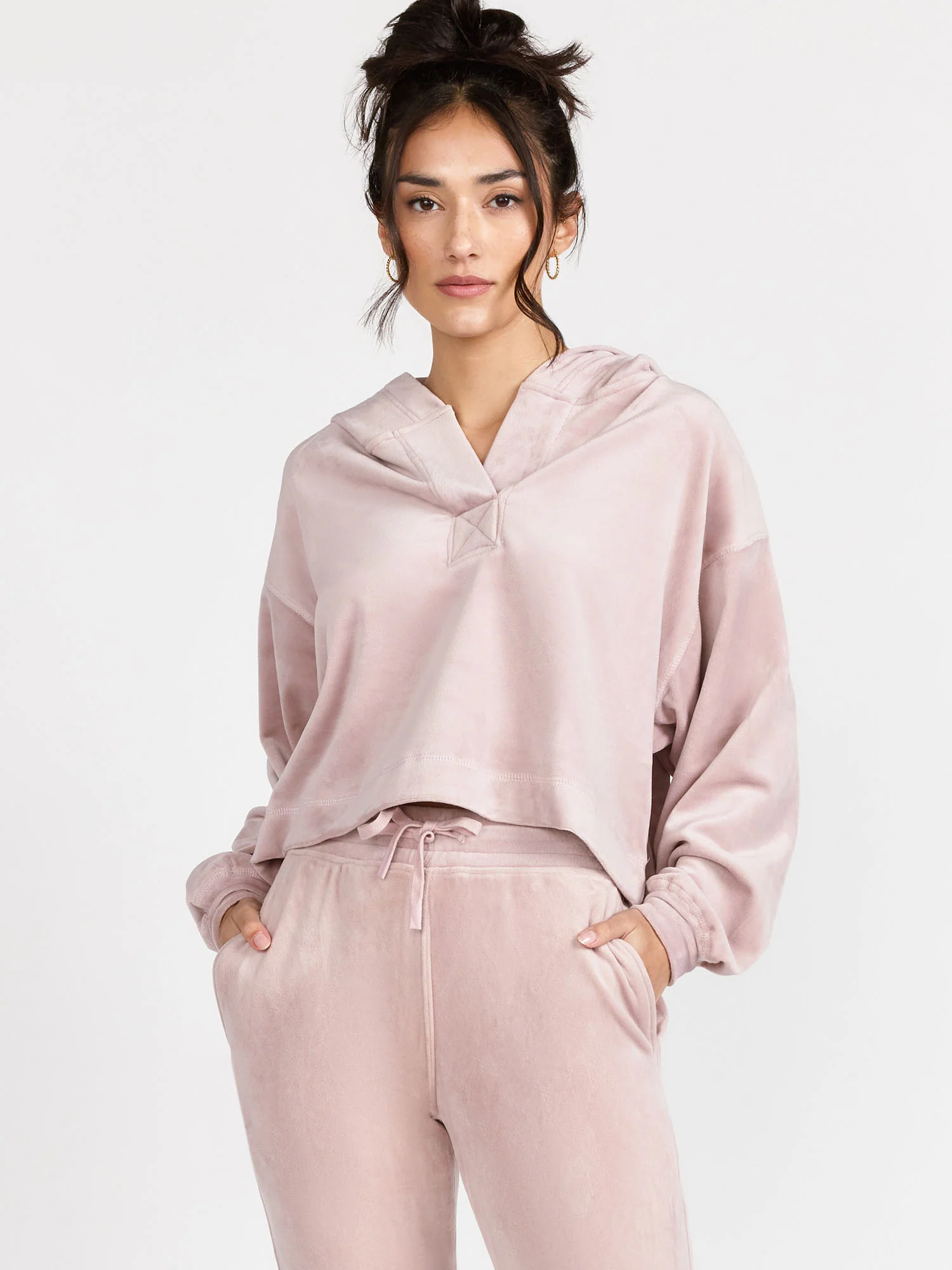 Velour Cropped Hoodie Pullover, Lilac - Mono B - Image 2
