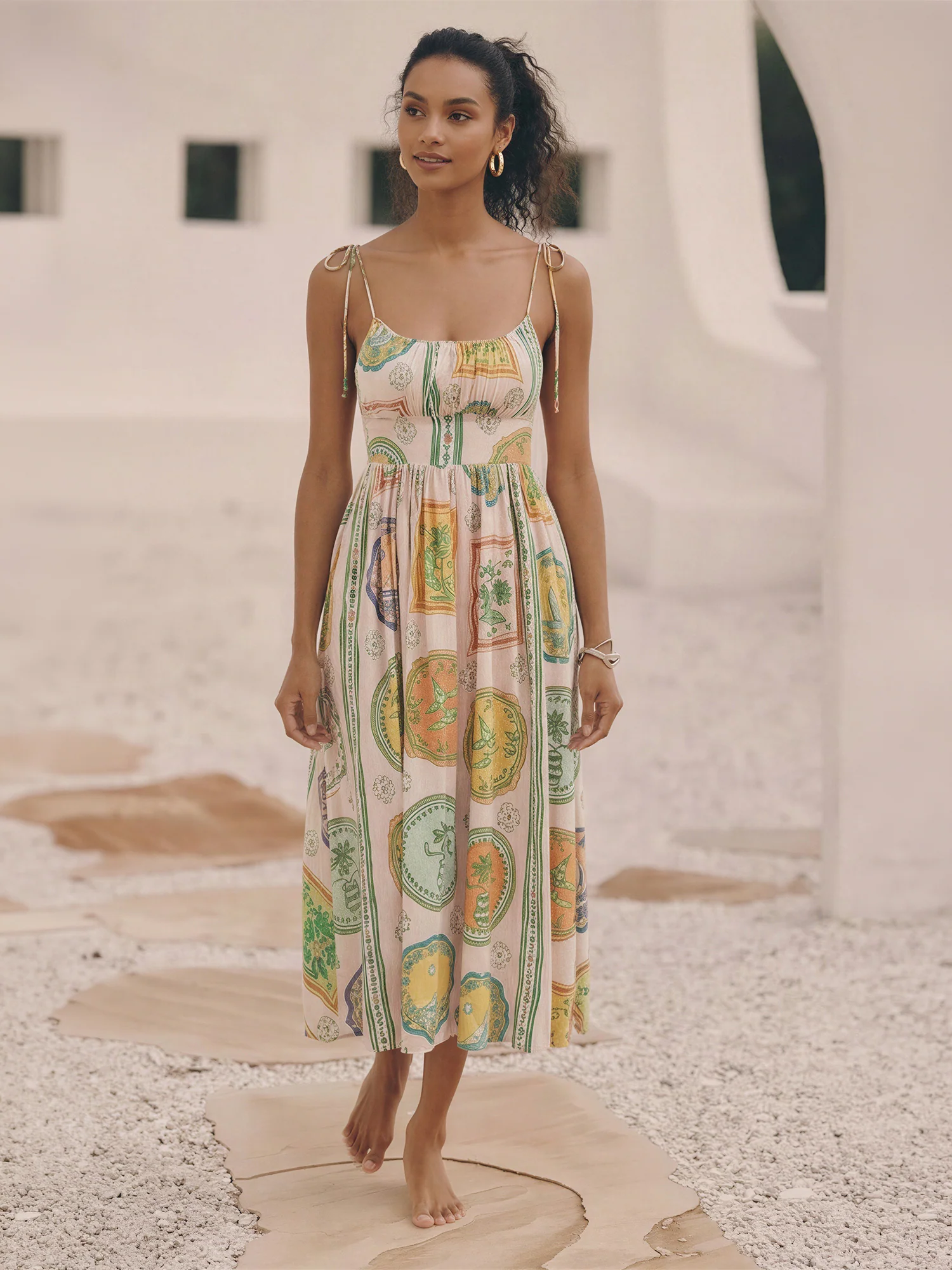Sleeveless Tie Strap Printed Maxi A Line Dress