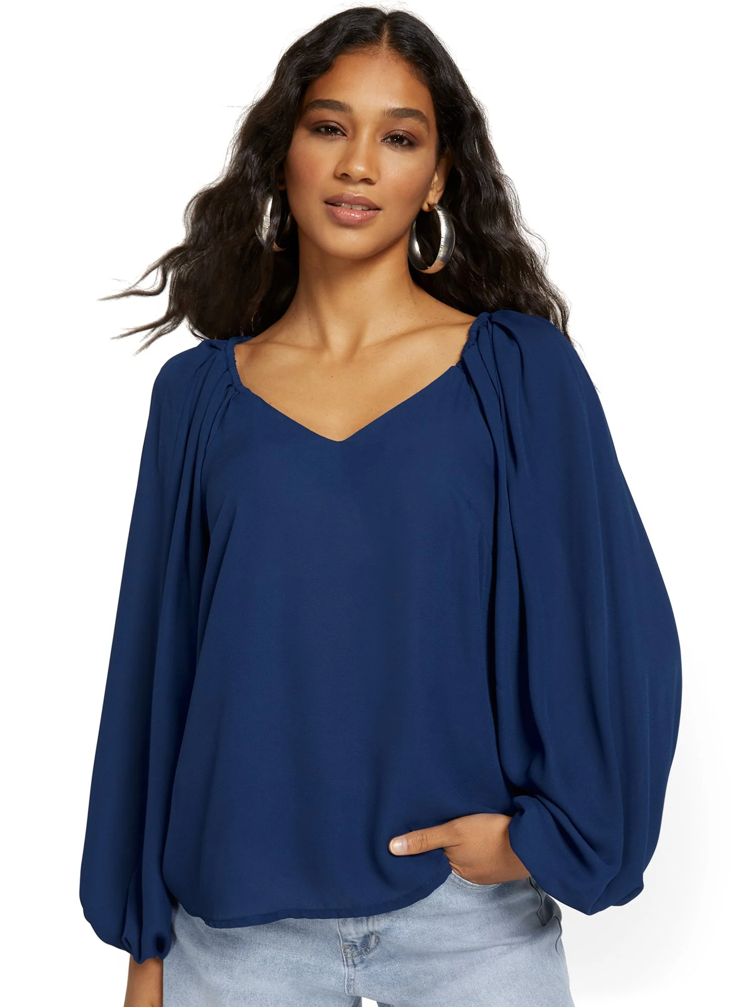 Volume-Sleeve V-Neck Top - Image 2