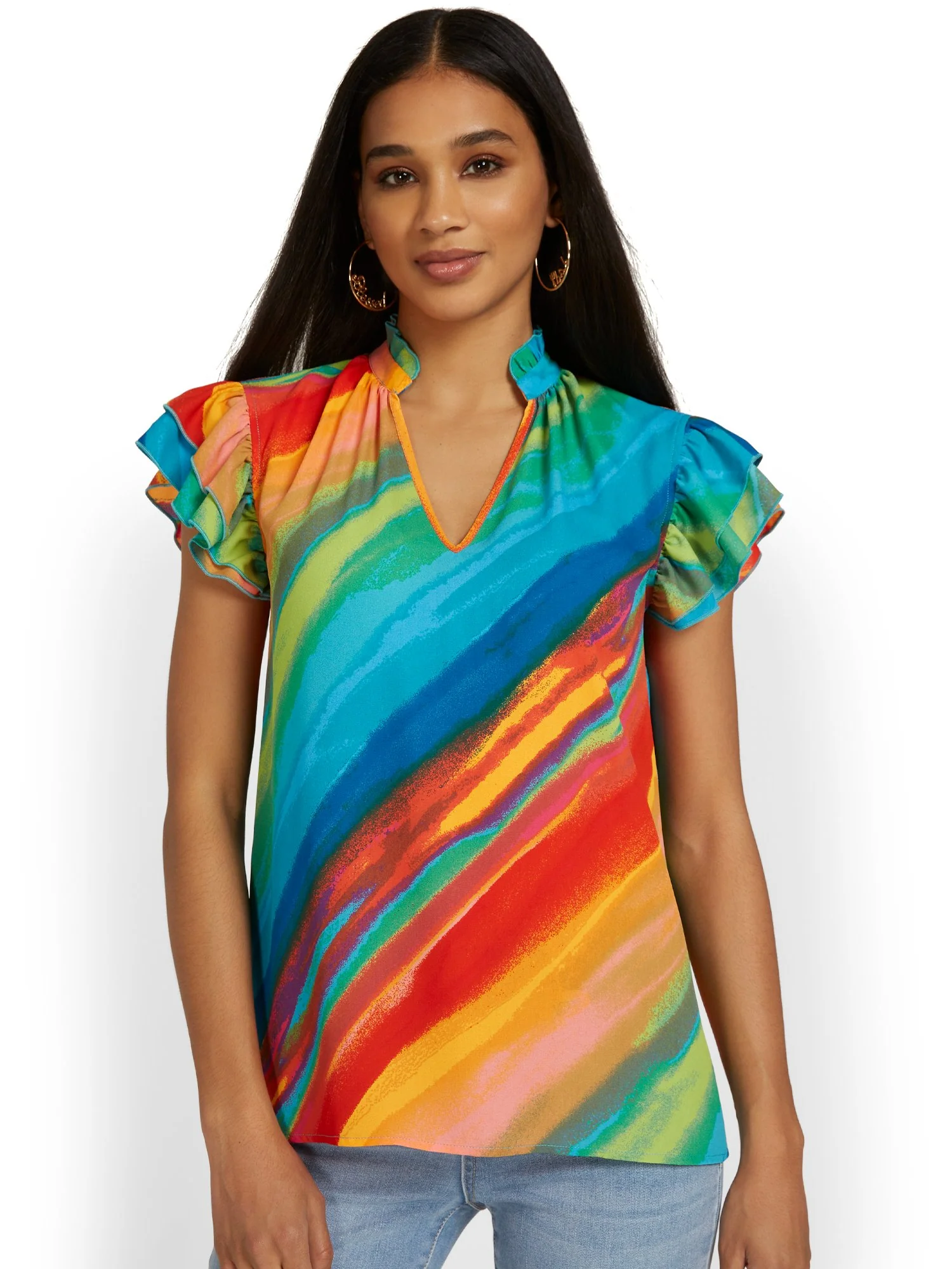 Watercolor-Print Flutter-Sleeve Ruffle Blouse - Image 2
