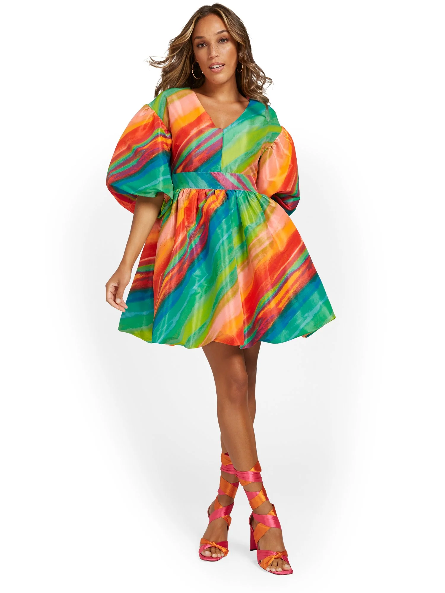 Watercolor-Print V-Neck Bubble Dress - Image 4