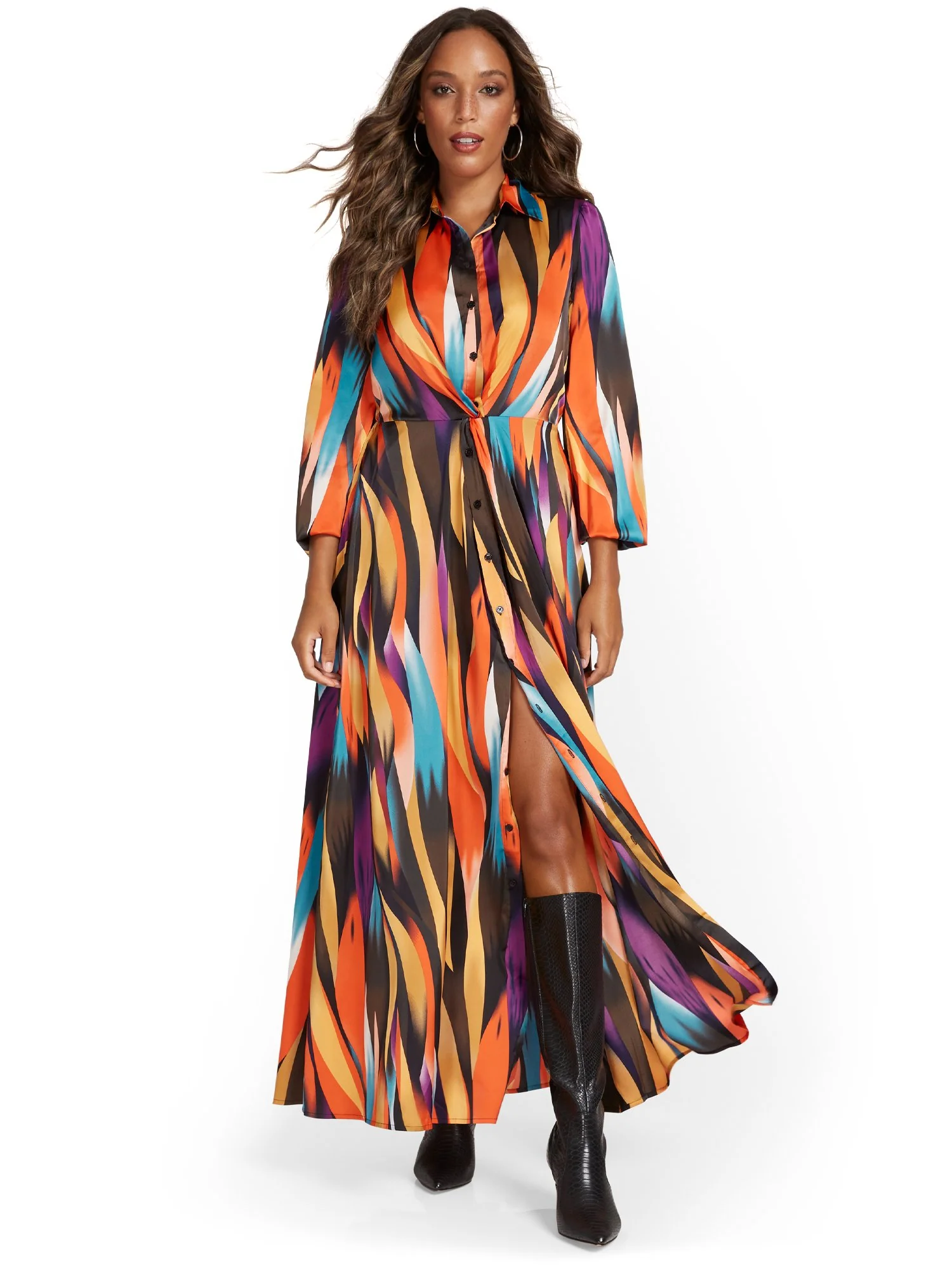 Wave-Print Maxi Shirtdress