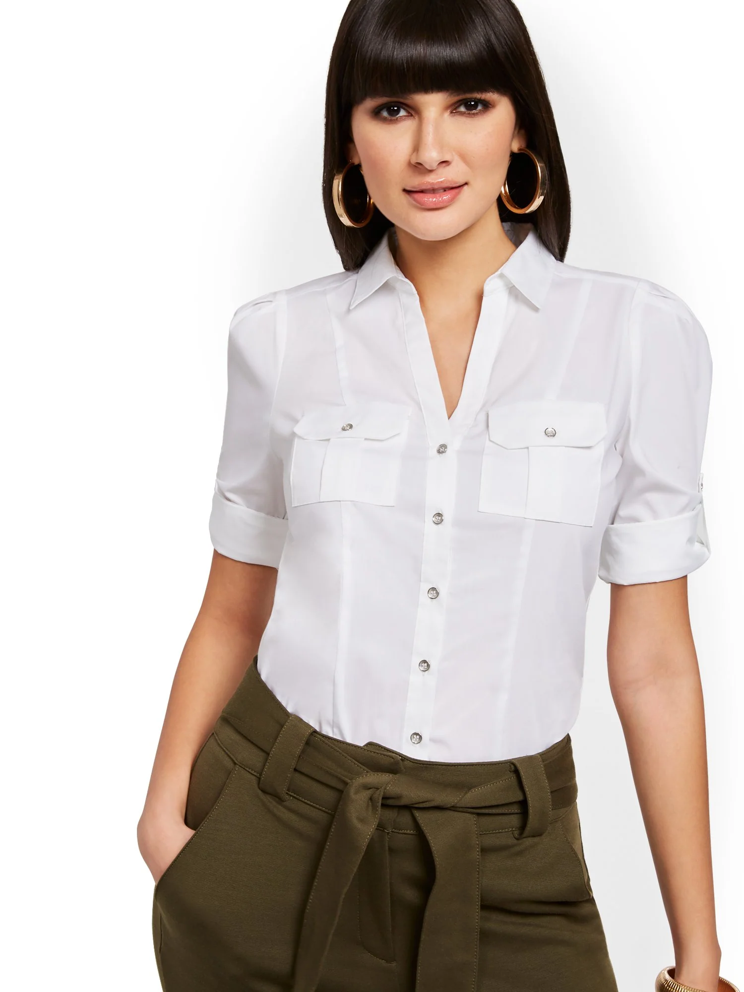White Button-Accent Utility Shirt - 7th Avenue - Image 2