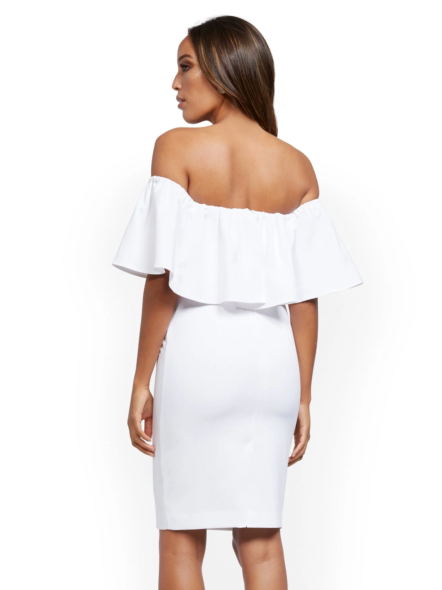 White Flounced Off-The-Shoulder Sheath Dress - Image 3