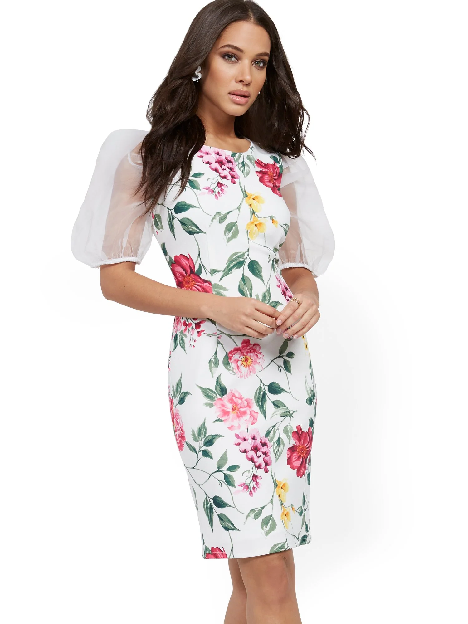 White Organza-Sleeve Sheath Dress - Magic Crepe® - Image 2