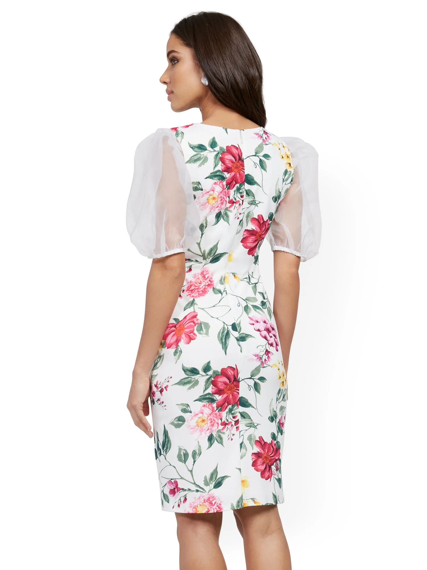White Organza-Sleeve Sheath Dress - Magic Crepe® - Image 3