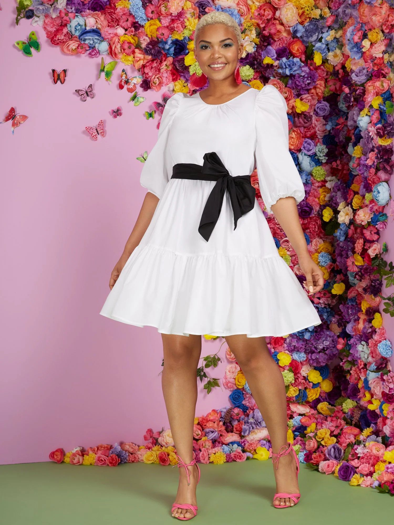 White Poplin Puff-Sleeve Tier Dress - Image 2