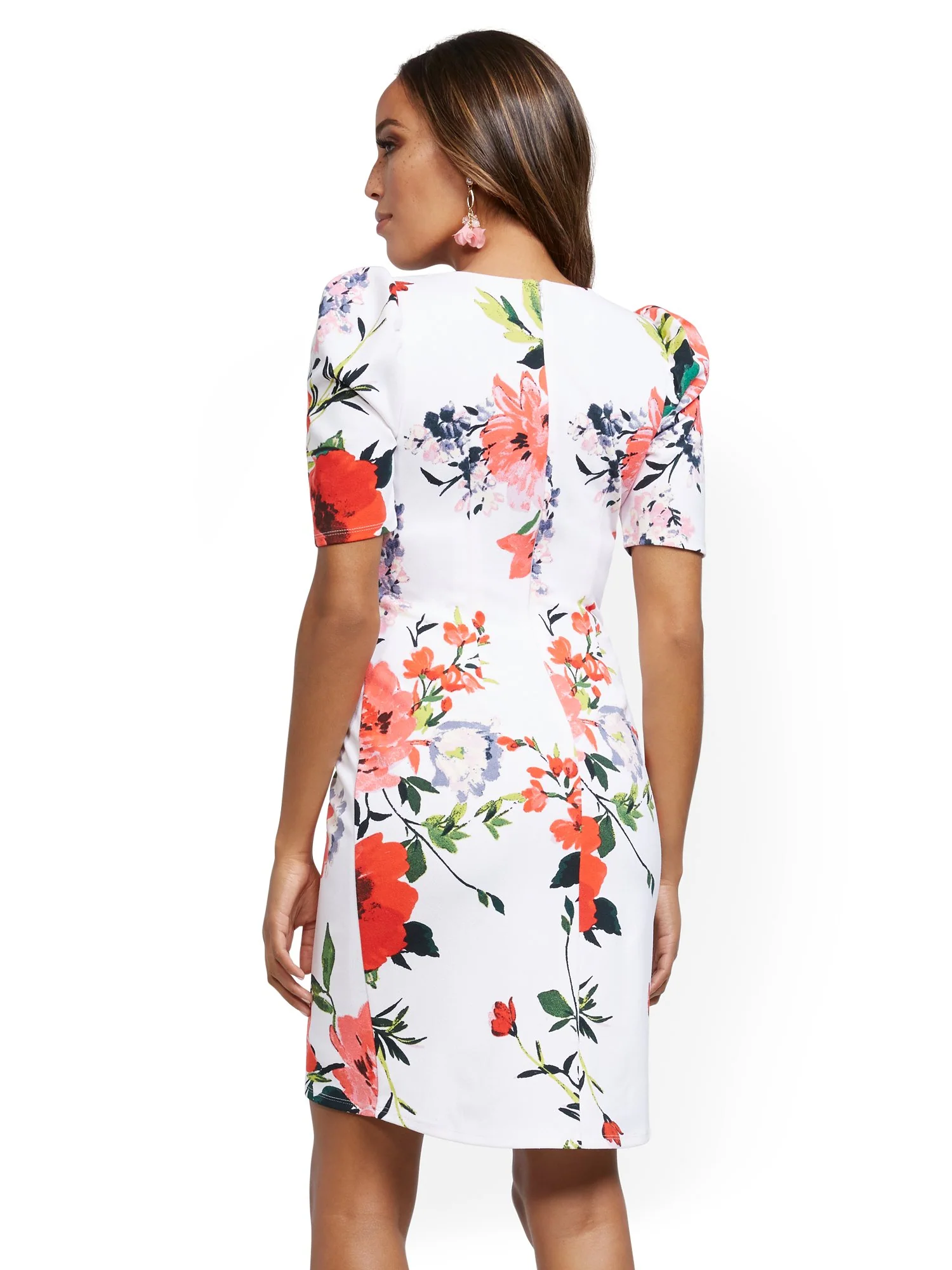 White Puff-Sleeve Tulip-Hem Sheath Dress - Magic Crepe® - Image 3