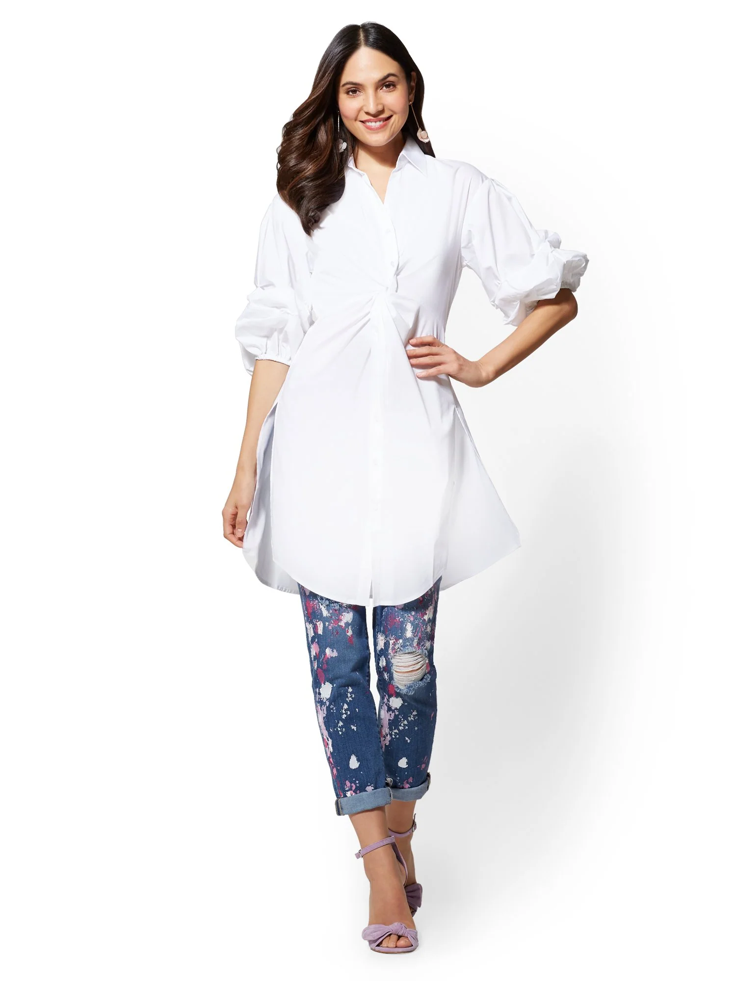 White Twist-Front Ruched-Sleeve Poplin Kimono Shirt - Image 4