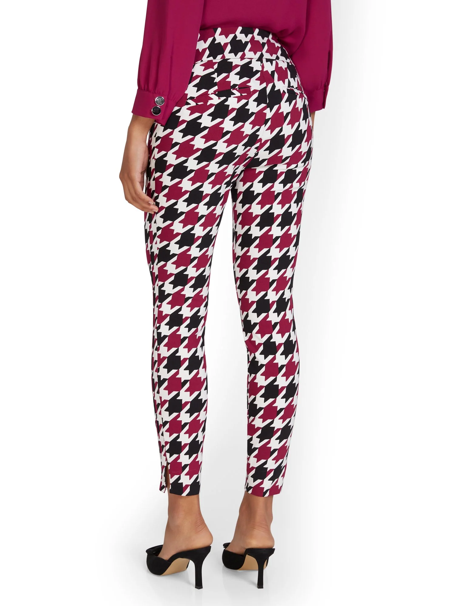 Whitney High-Waisted Pull-On Slim-Leg Ankle Pant - Berry Houndstooth - Image 3