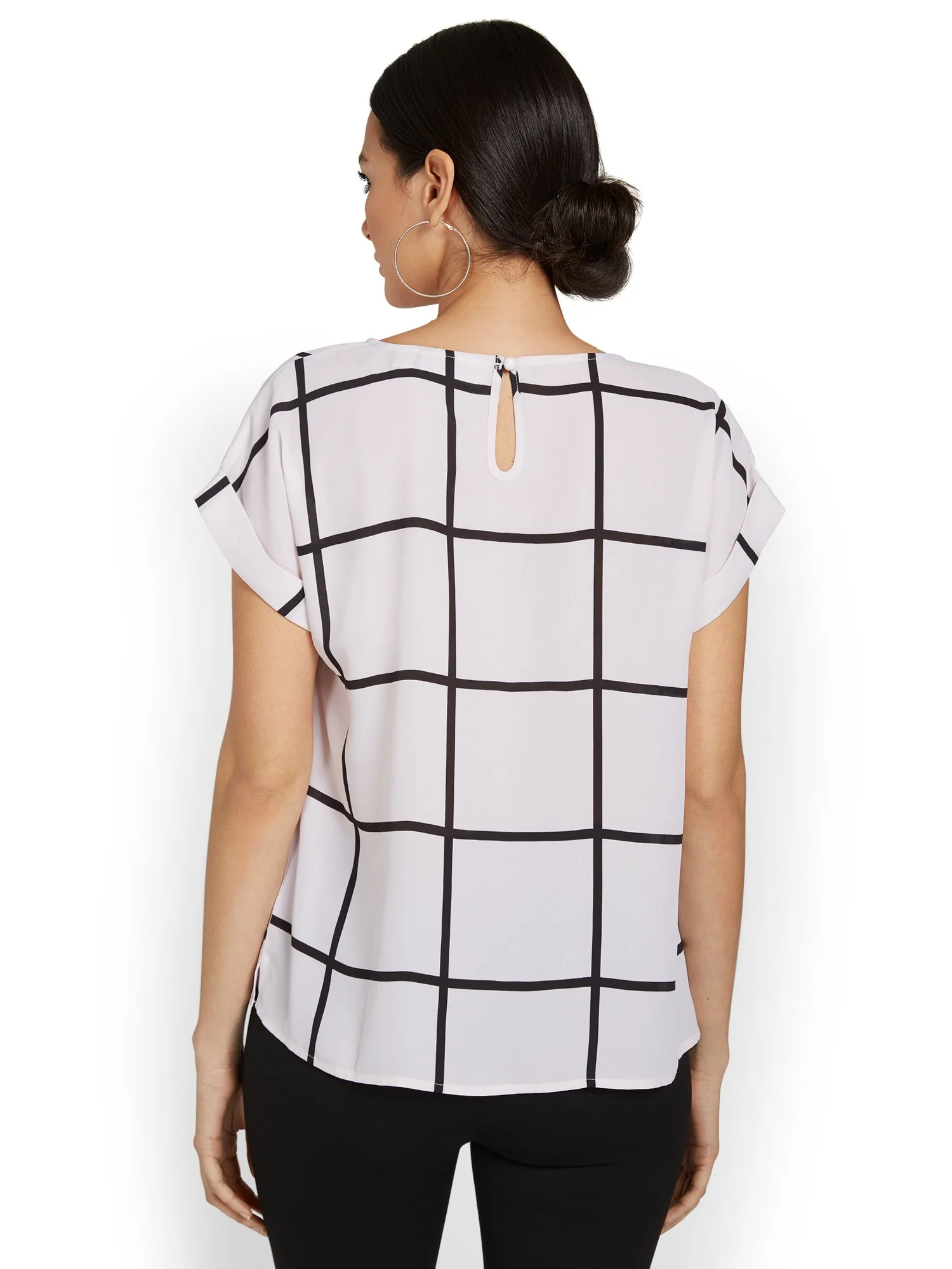 Windowpane-Print Cuff-Sleeve Tee - Image 6