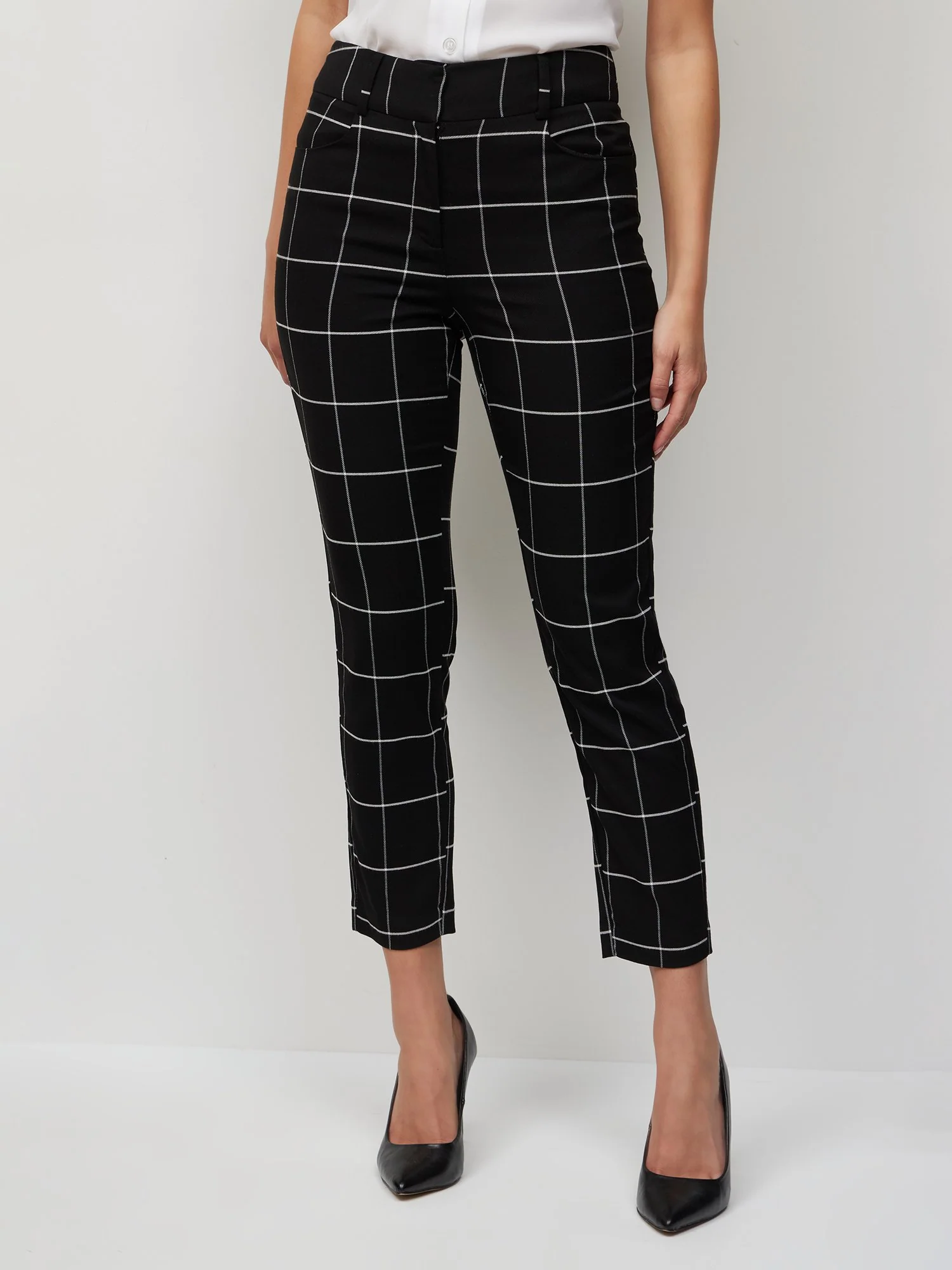 Windowpane-Print High-Waisted Straight-Leg Ankle Pant