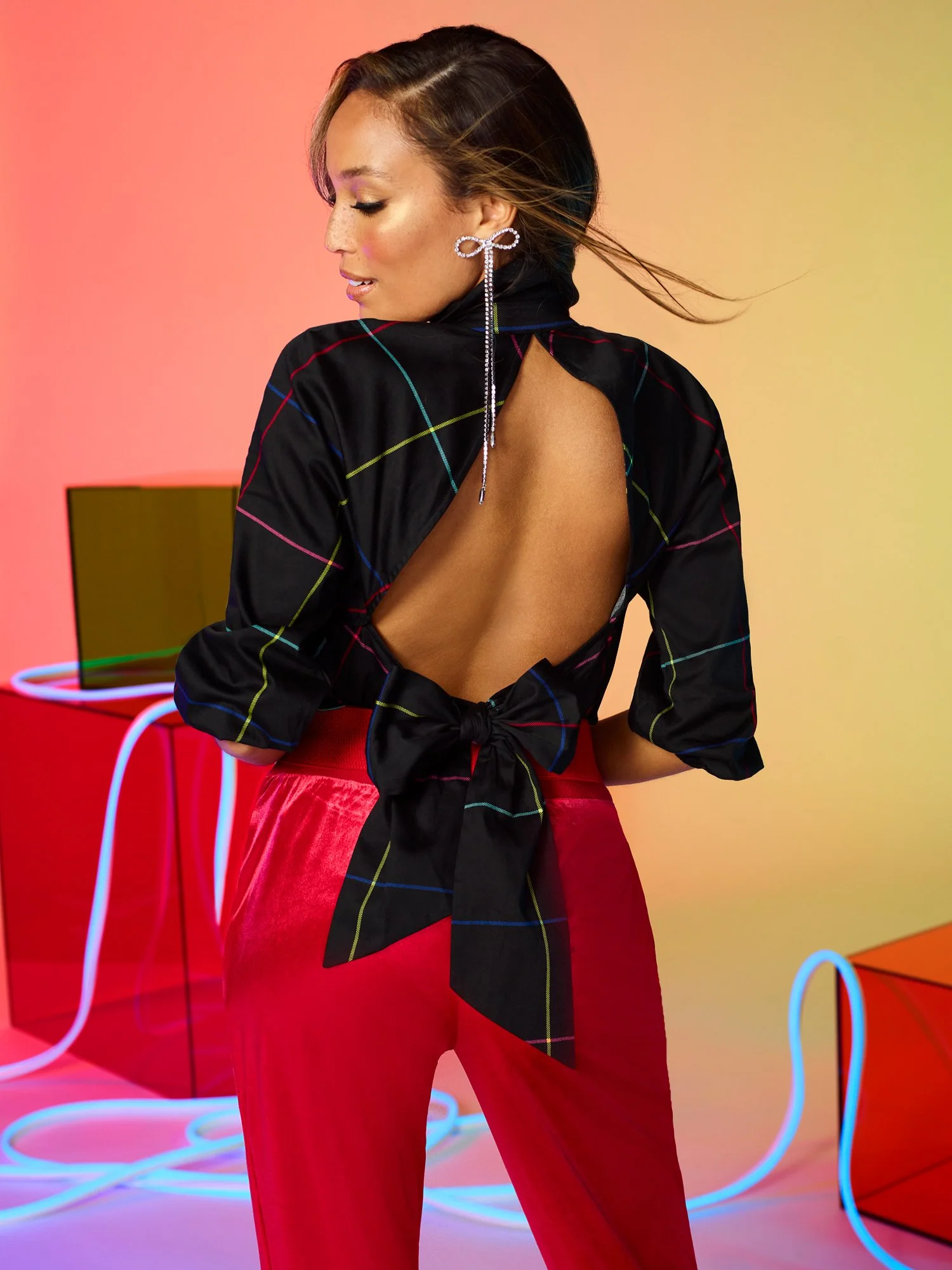 Windowpane-Print Open-Back Top - Image 2
