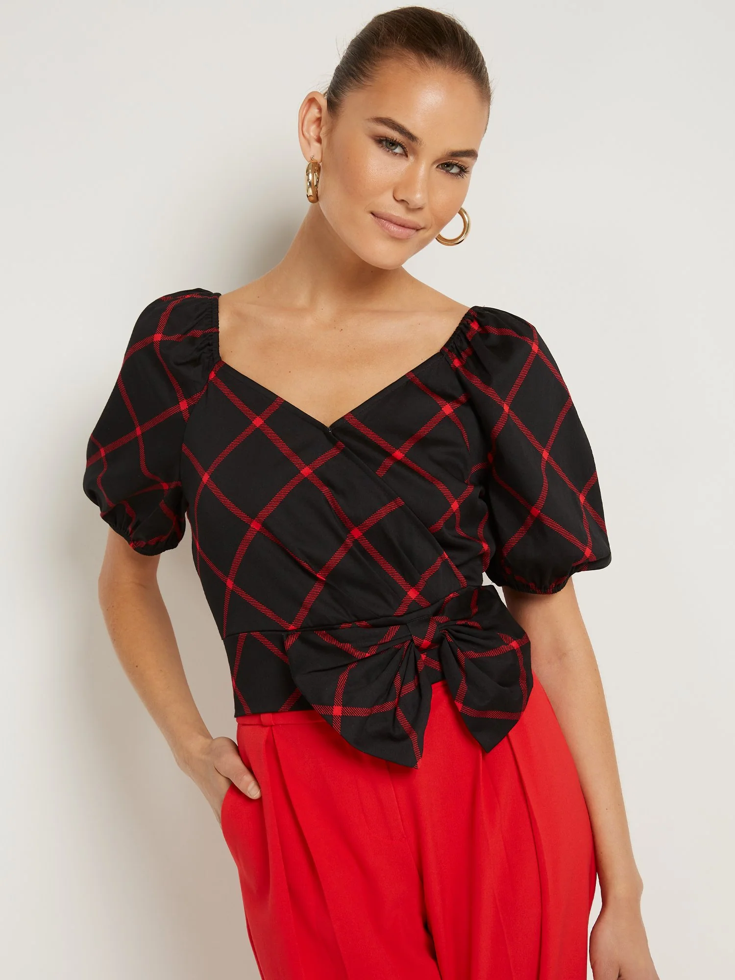 Windowpane-Print Puff-Sleeve Poplin Top - Image 2