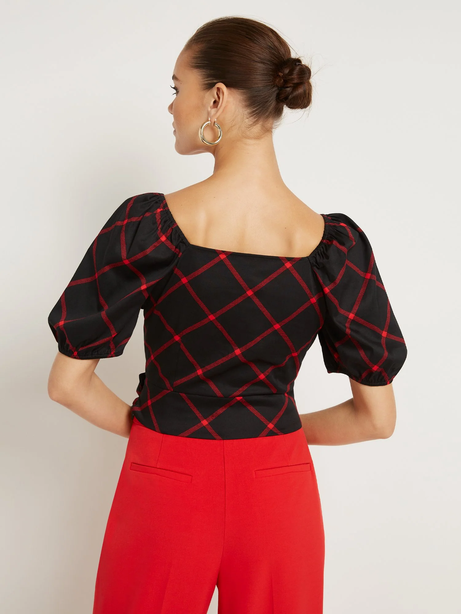 Windowpane-Print Puff-Sleeve Poplin Top - Image 3