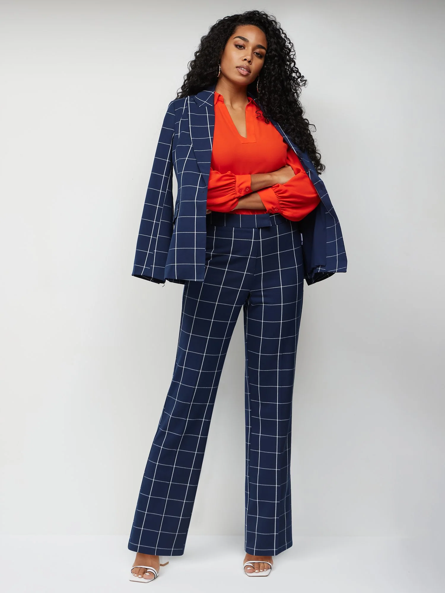 Windowpane-Print Straight-Leg Pant