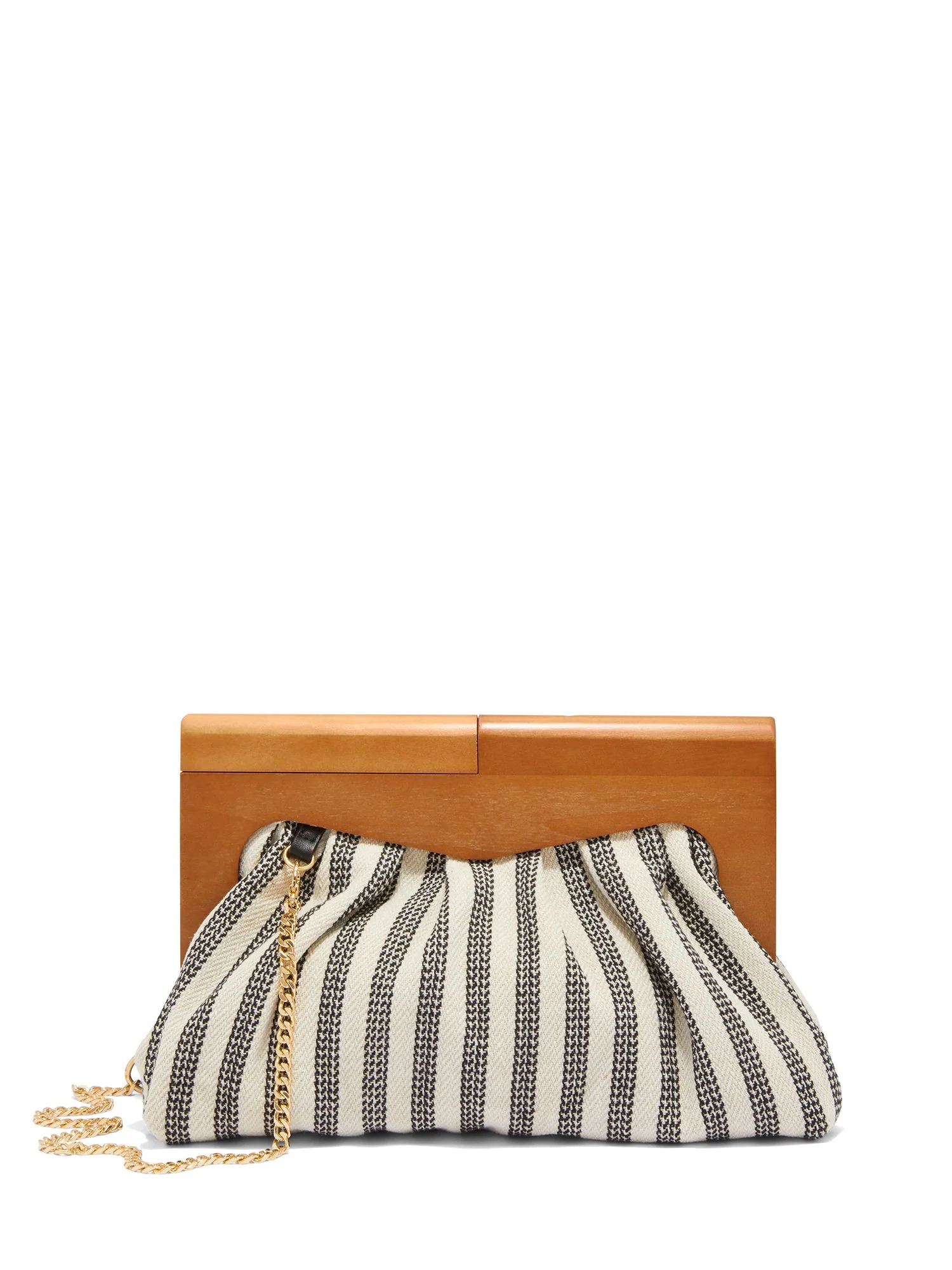 Wood-Frame Striped Linen Shoulder Bag