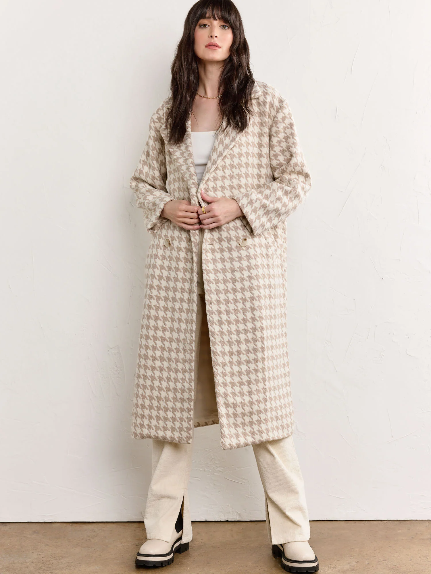 Wool Blend Houndstooth Duster Coat - Fore Collection - Image 2
