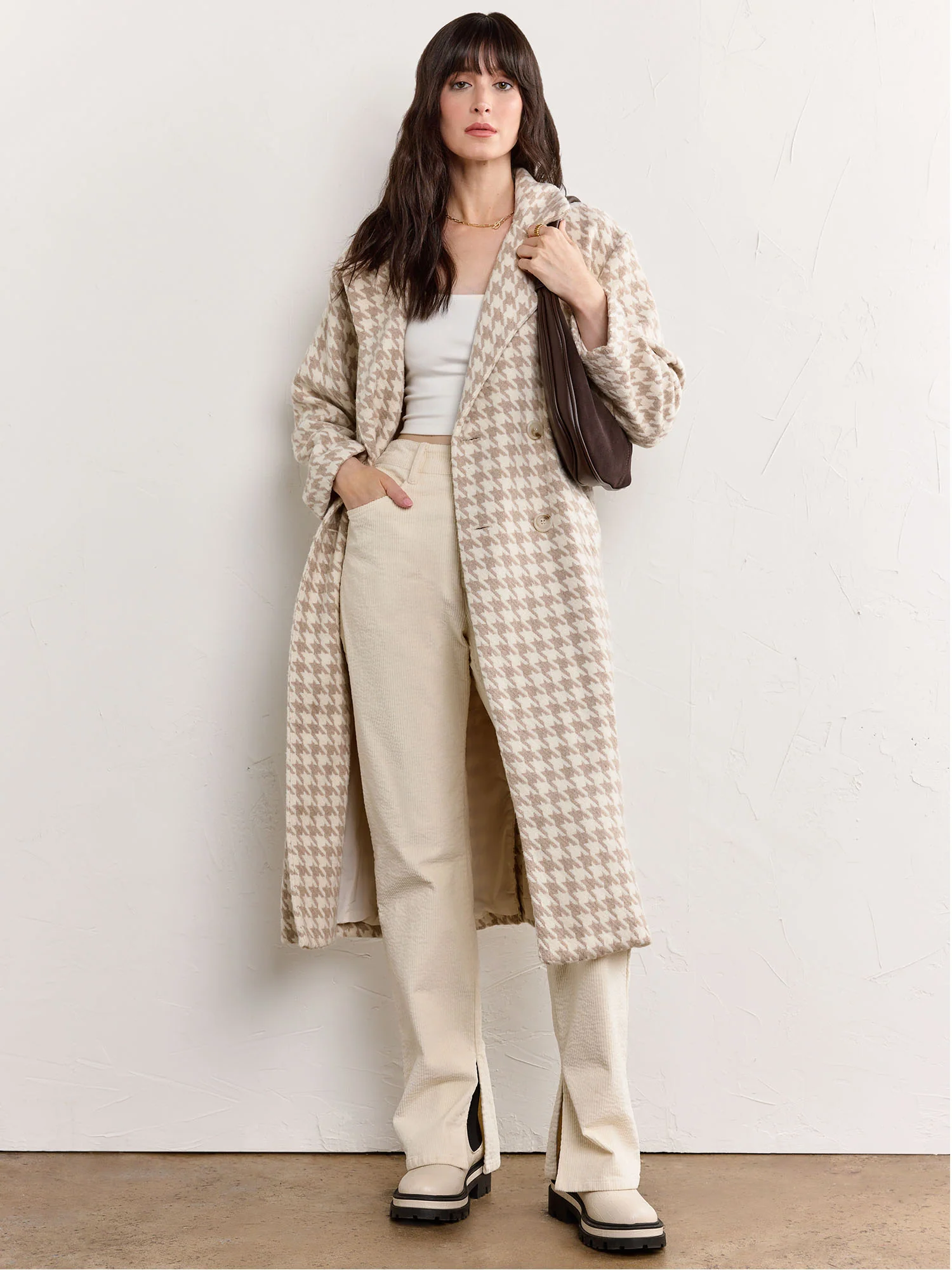 Wool Blend Houndstooth Duster Coat - Fore Collection - Image 3