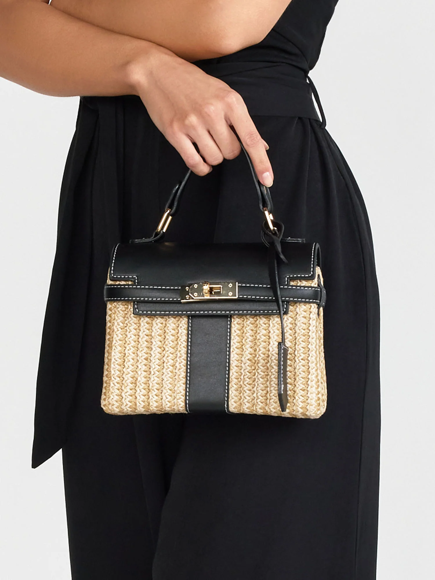 Woven Raffia Black Turnlock Mini Crossbody Bag - Image 3