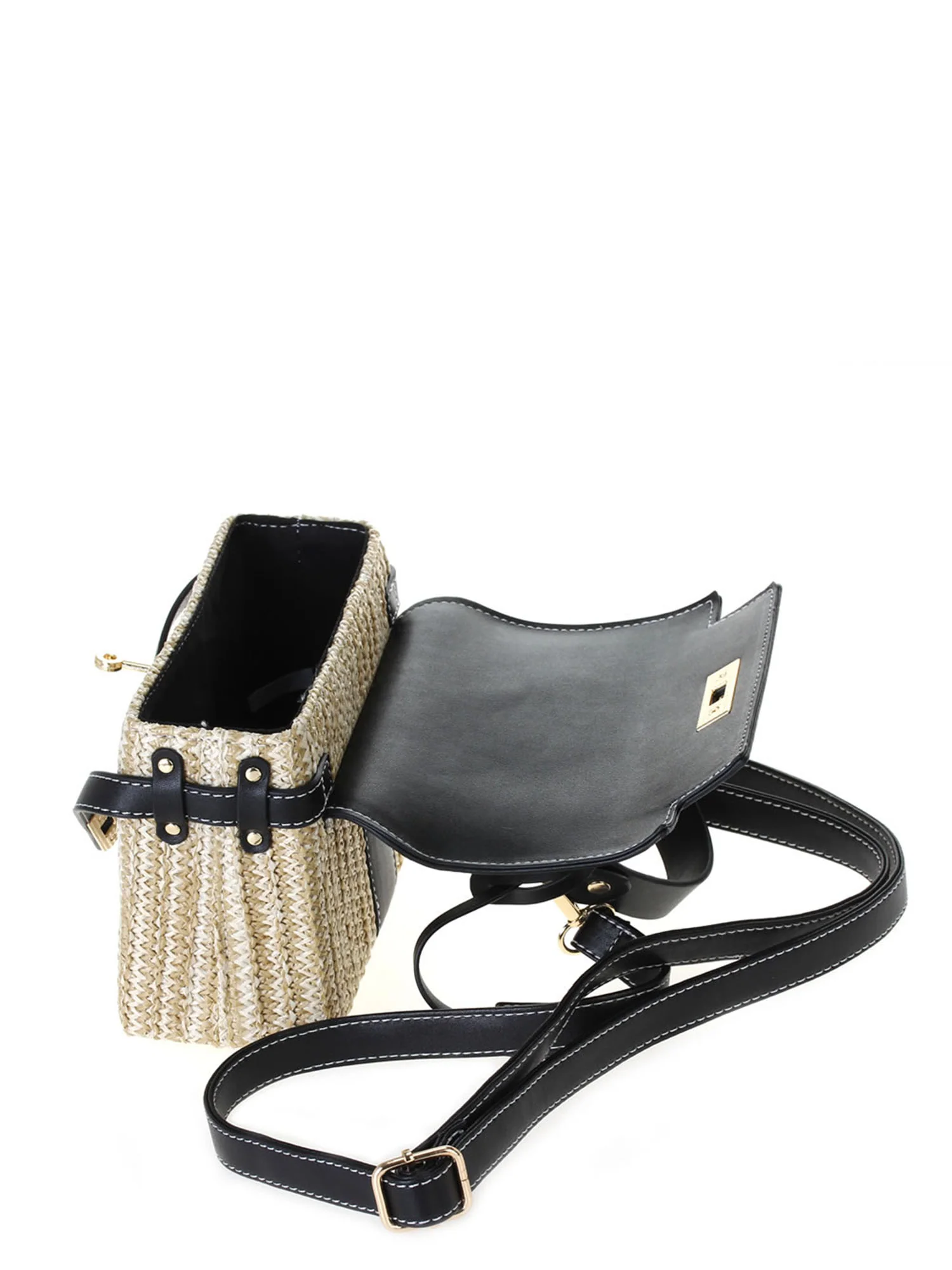 Woven Raffia Black Turnlock Mini Crossbody Bag - Image 5