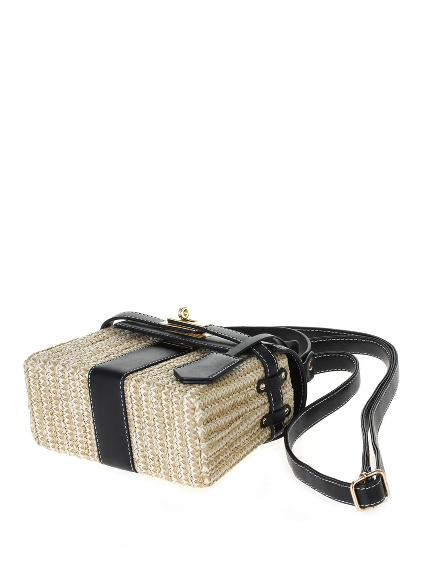Woven Raffia Black Turnlock Mini Crossbody Bag - Image 6