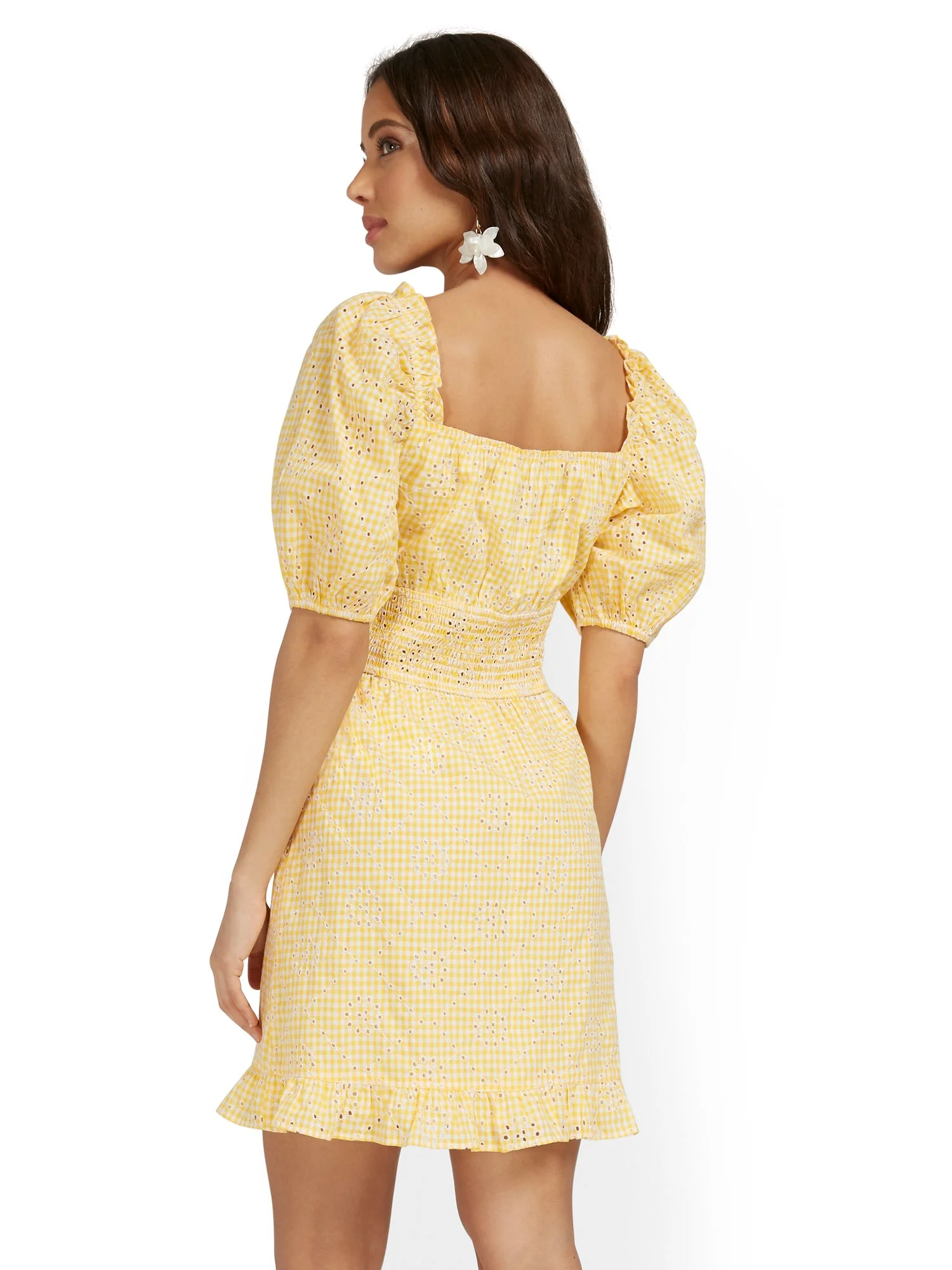 Yellow Embroidered Puff-Sleeve Gingham Dress - Image 3