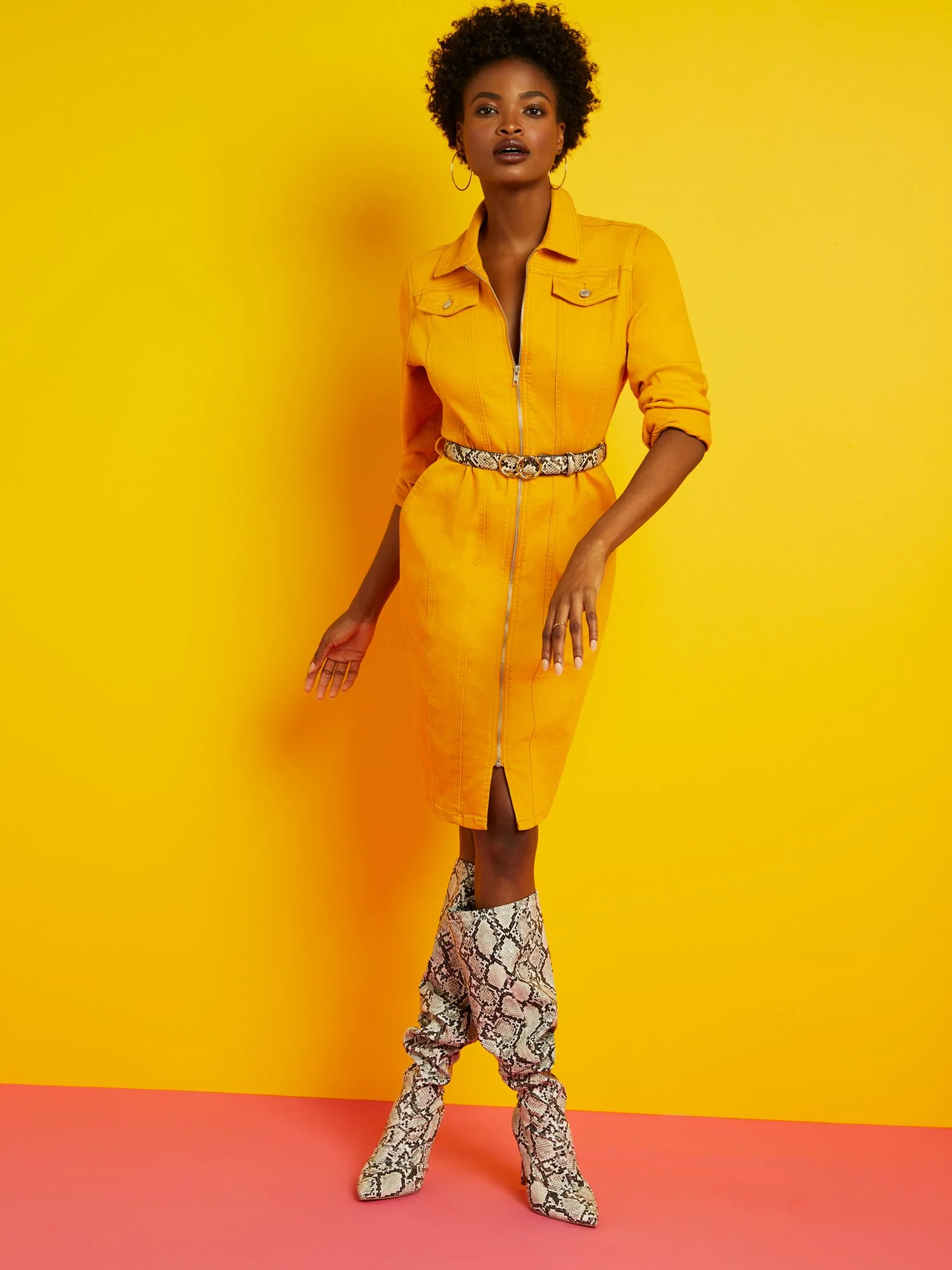 Zip-Front Denim Dress - Gold - Image 2
