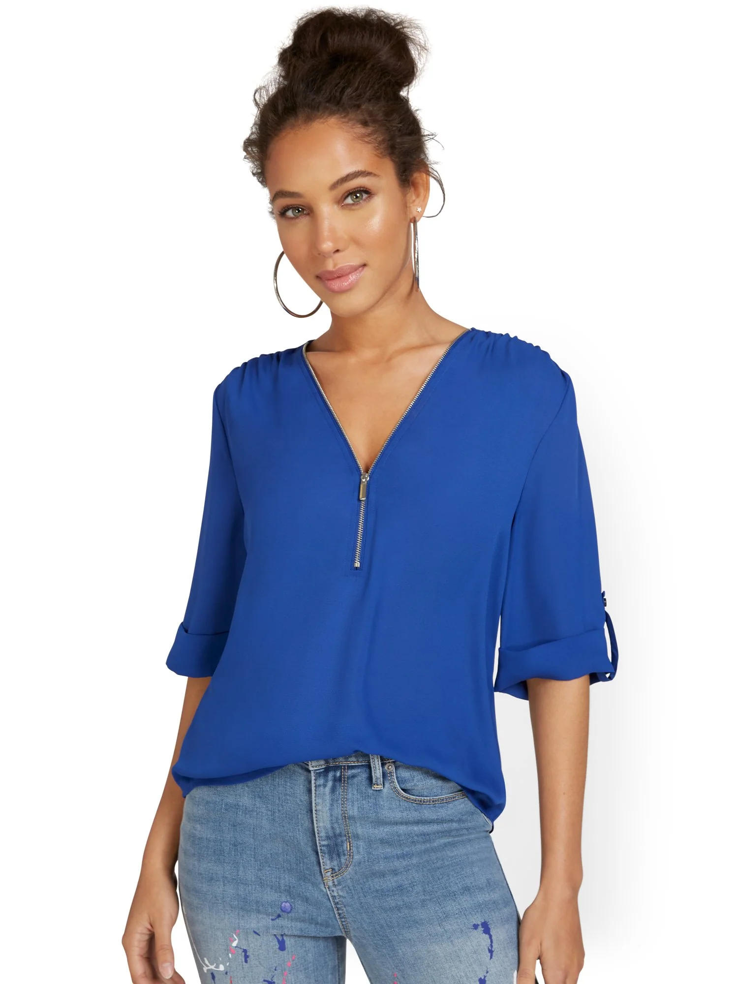 Zip-Front Elbow Blouse - Image 15