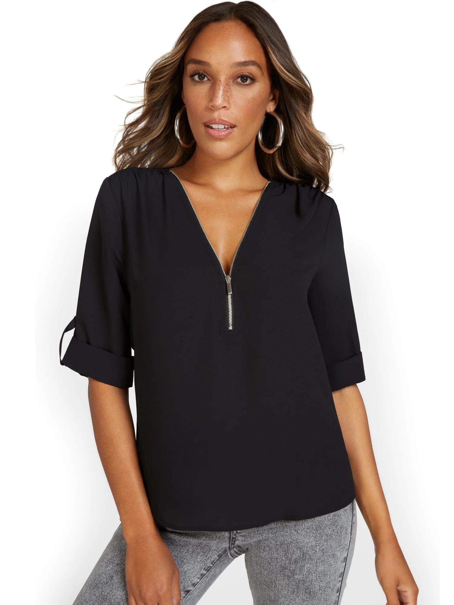 Zip-Front Elbow Blouse - Image 2