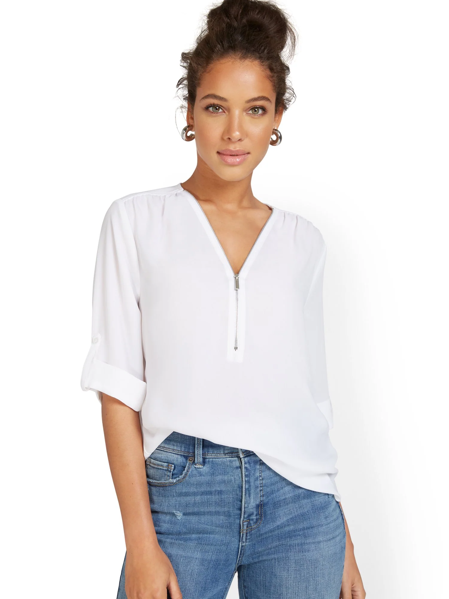 Zip-Front Elbow Blouse - Image 5