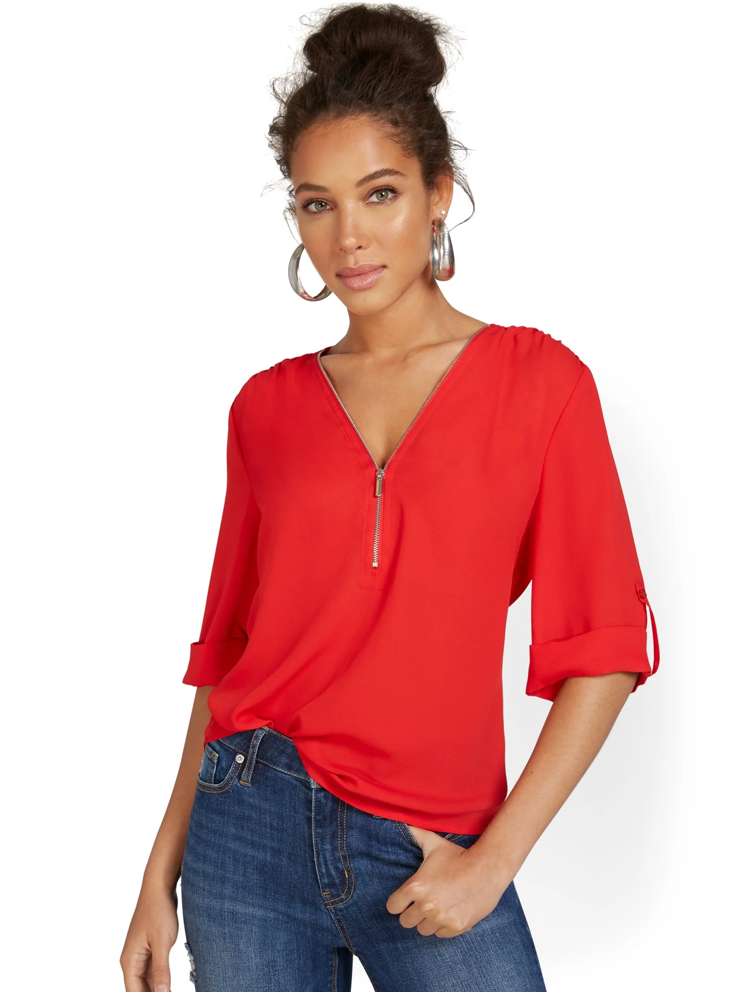 Zip-Front Elbow Blouse - Image 9
