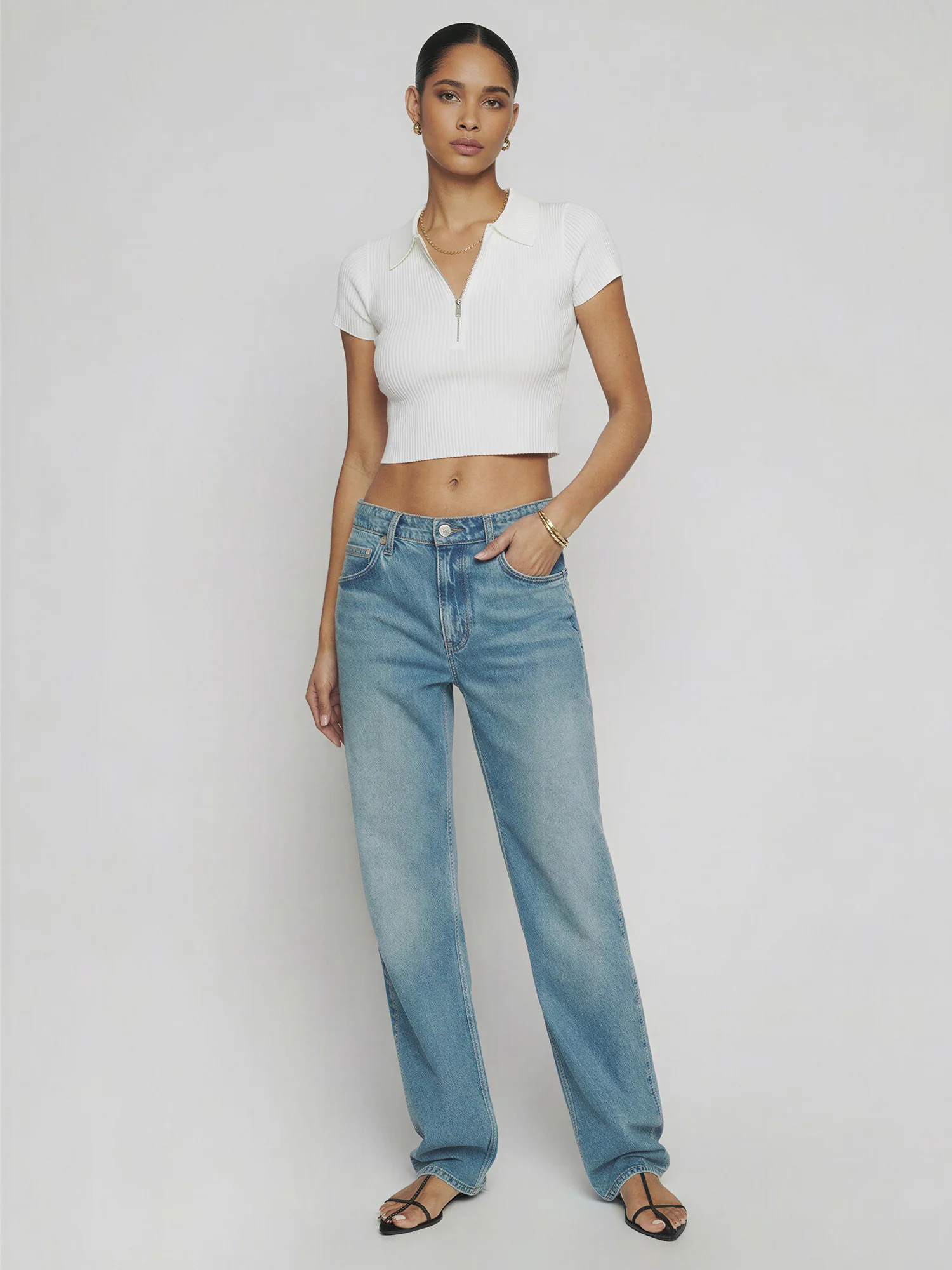 Zip Polo Rib Knit Top - Image 2